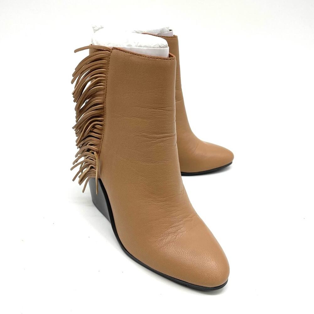 NEW See by Chloe Tan Leather Fringe Trim Wedge Ankle Bootie